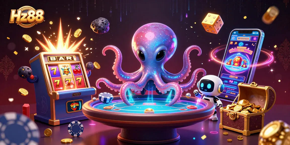 Engage in exciting gameplay with Hz88 at a dynamic casino scene featuring an alien octopus and many games.