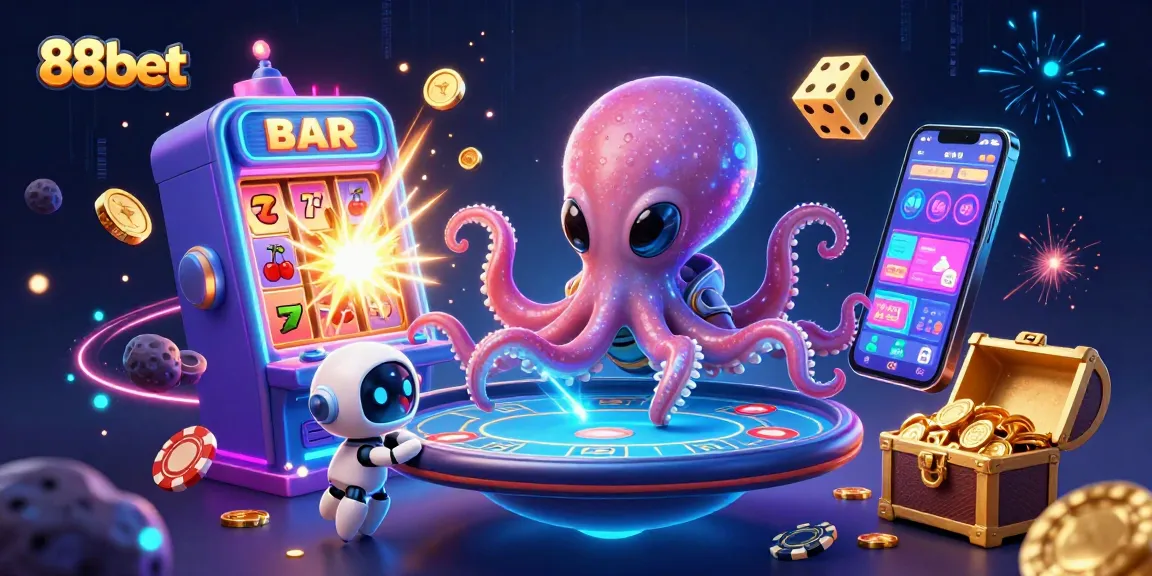 Experience thrilling moments with the 88bet alien octopus at a holographic poker table amidst spectacular gaming elements.