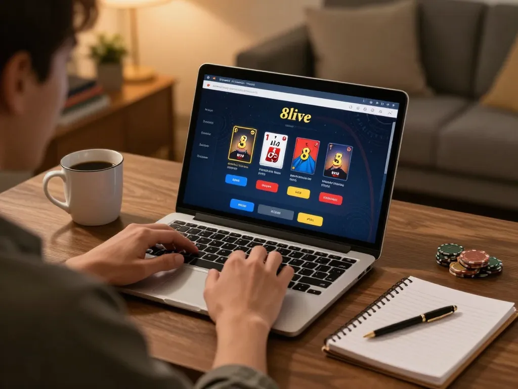 Player engaging with 8live poker game interface on a laptop in a cozy home office setting