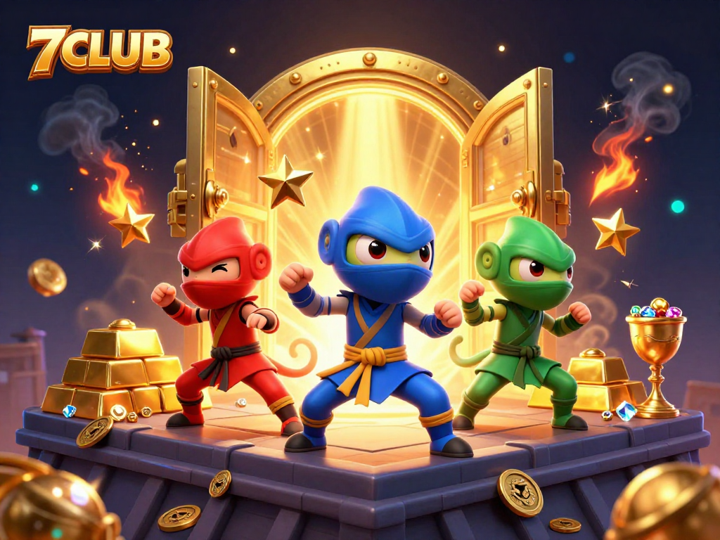 Experience thrilling gameplay with 7CLUB's ninja chameleons dominating a treasure-filled rooftop.