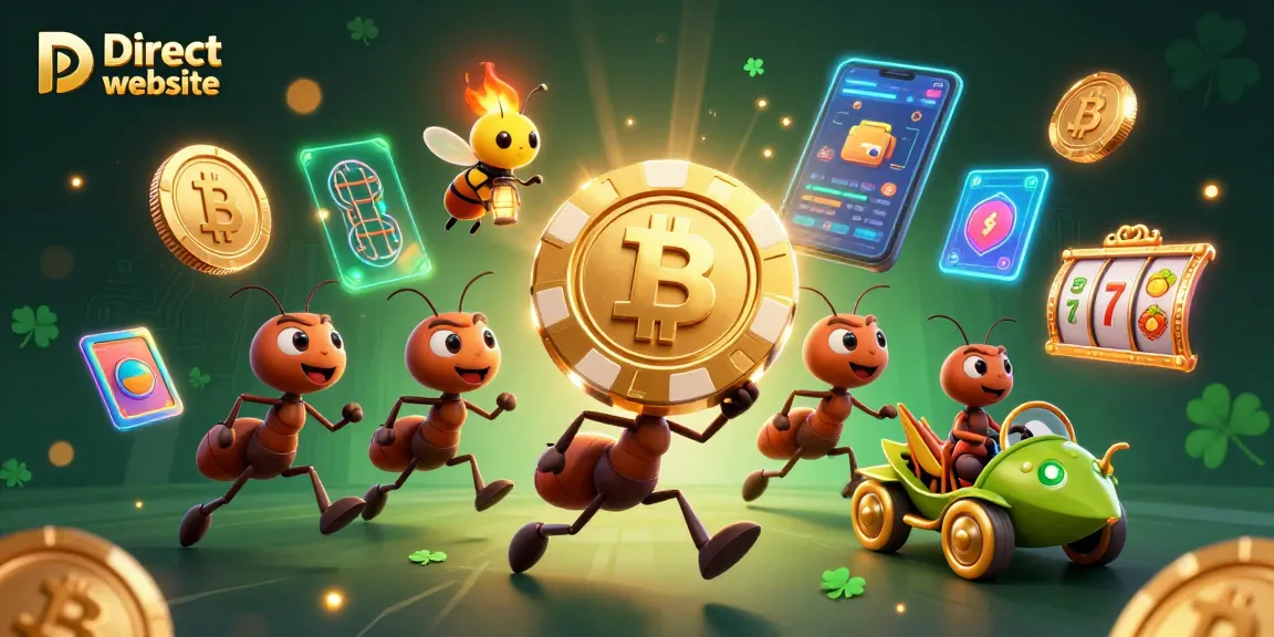 Engage with the exciting Direct website featuring ants' heist for a golden poker chip among vibrant slot elements.