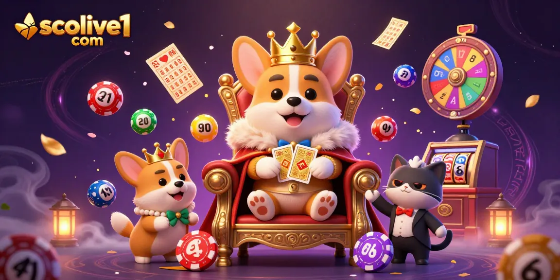 Socolive1 com showcases a vibrant casino scene with a royal corgi amidst lottery balls and golden cards.