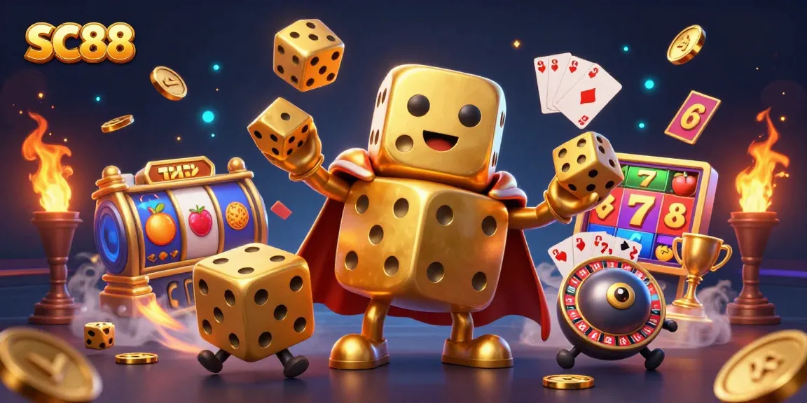 Experience thrilling gameplay at SC88 with golden dice, vibrant slots, and gold coins flowing in an energetic casino scene.