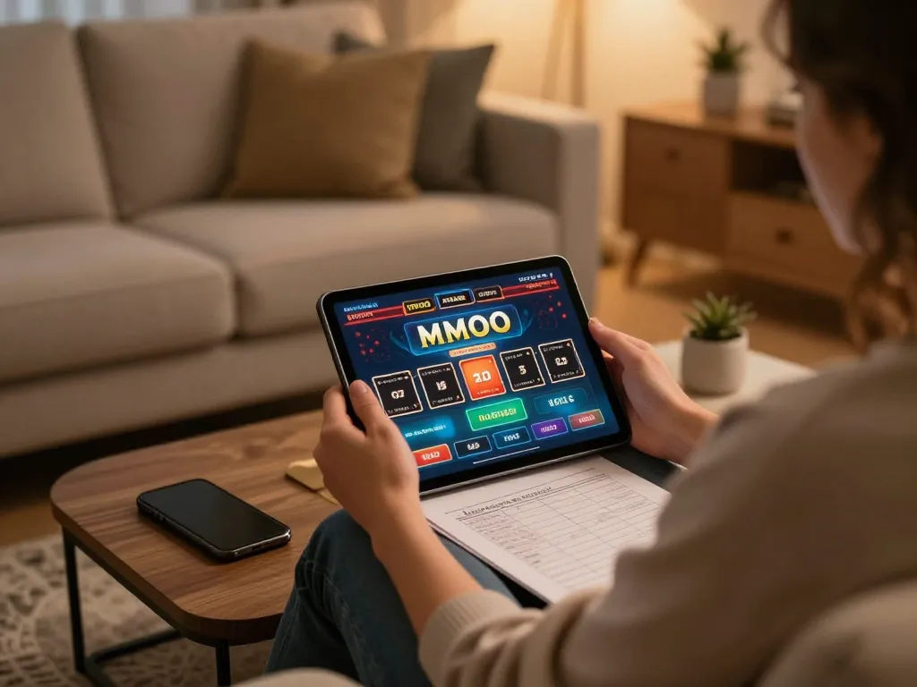 Engaging online gaming experience with MMOO app on tablet setup in a cozy home environment.