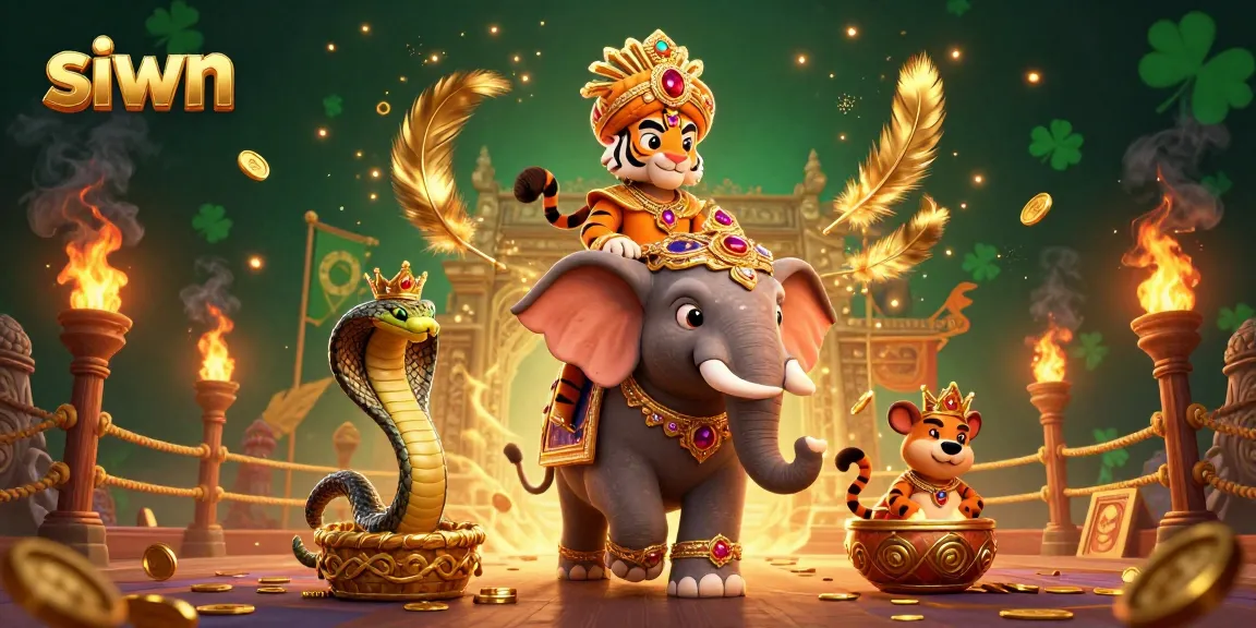 Experience win excitement at siwn with a vibrant 3D illustration of a tiger and elephant in a casino setting.