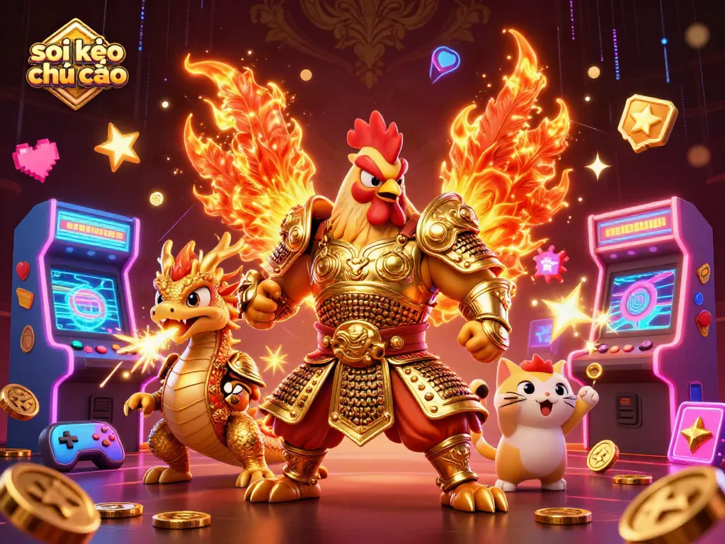 Engage in soi kèo nhà cái with a vibrant digital gambling scene featuring a rooster warrior and dragon hatchling.
