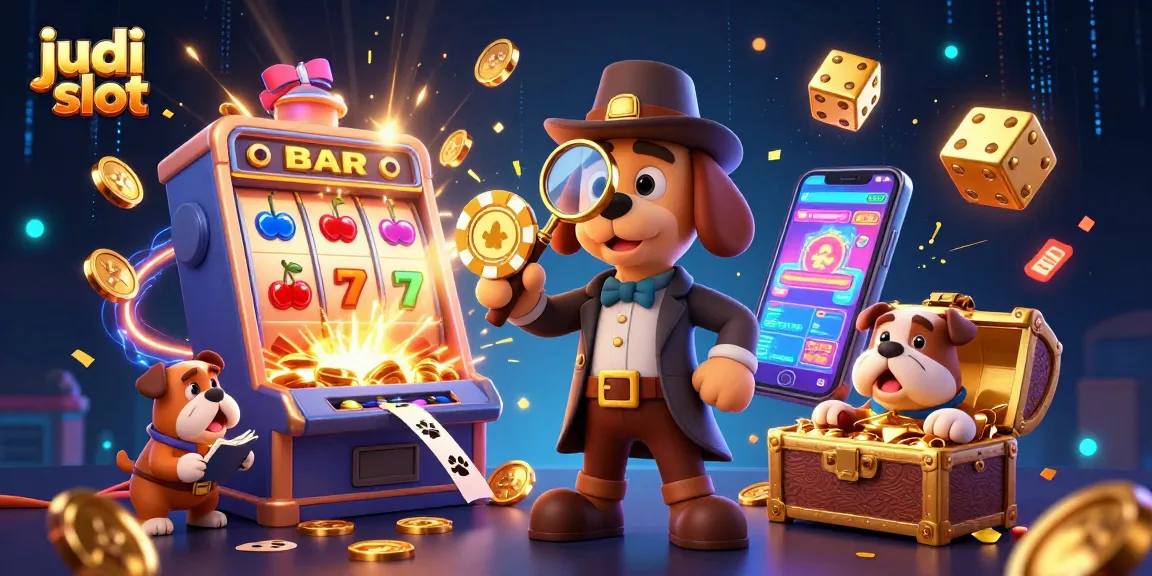 Engage in judi slot fun with a cartoon detective and vibrant casino elements in 3D.