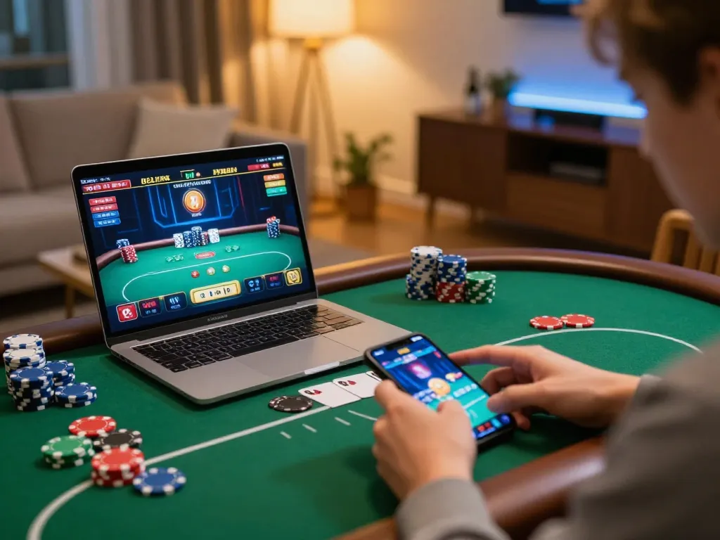 Engaging in LODE88 online gaming on a laptop in a cozy home setting
