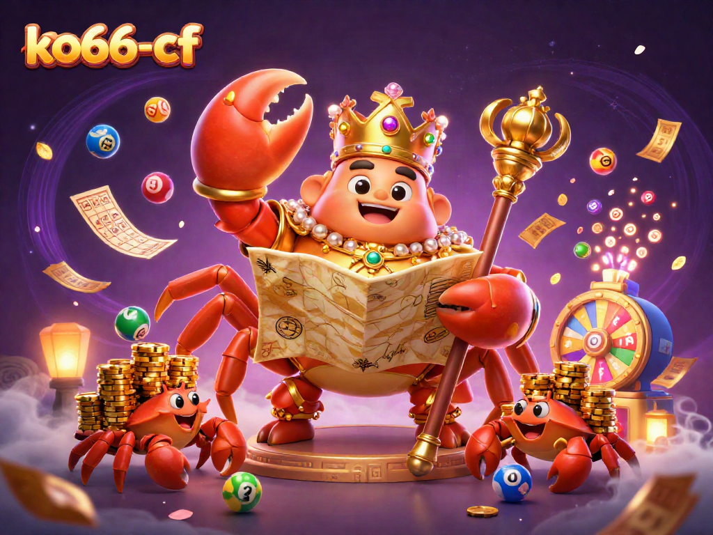 Engage with ko66-cf's vibrant casino scene showcasing lottery excitement with a dazzling crab emperor.
