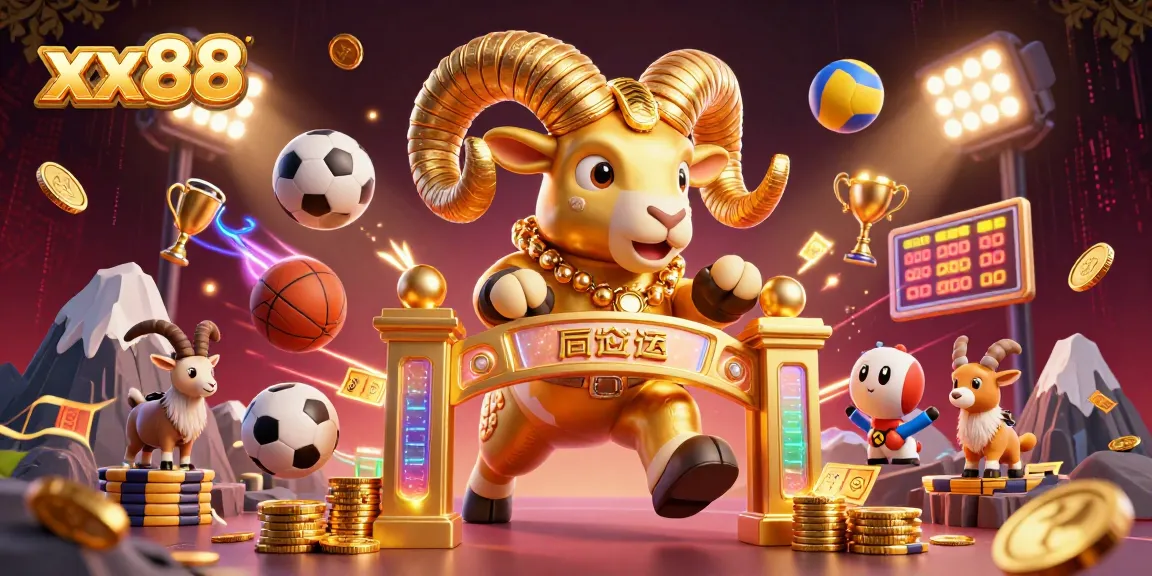 Experience lively sports betting excitement with xx88's golden ram amidst flying sports balls and dazzling elements.