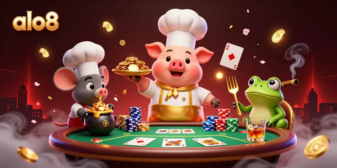Experience thrilling gaming at alo8, featuring a lively casino scene with vibrant characters and rich gold accents.
