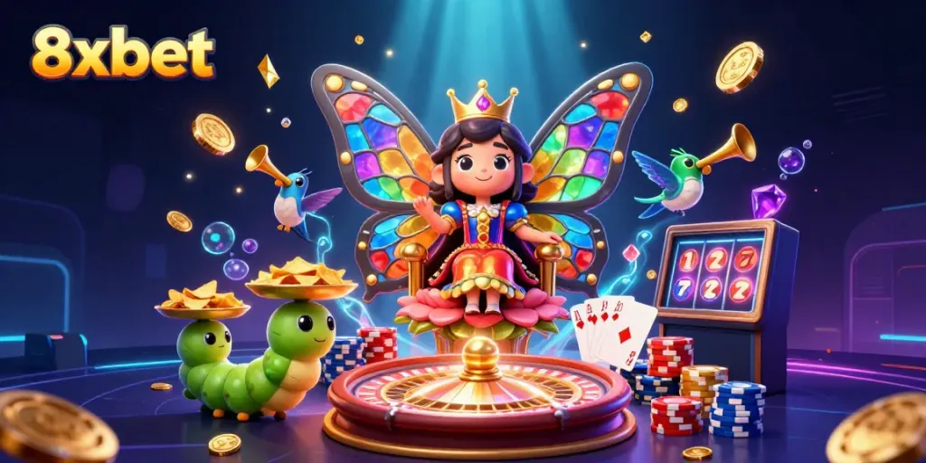 Experience thrilling gaming action with 8xbet, showcasing a vibrant 3D butterfly queen and casino elements.