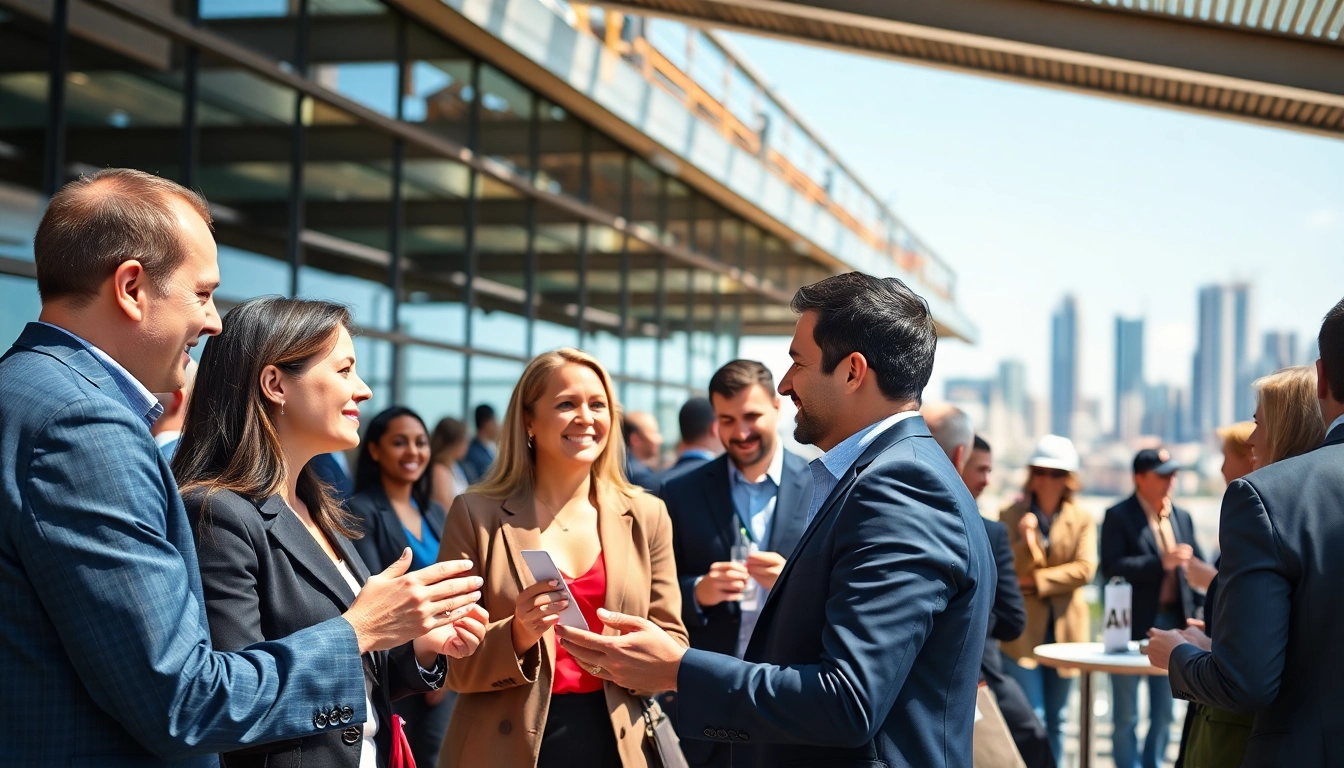 Engaged professionals at construction networking events exchanging ideas outdoors.