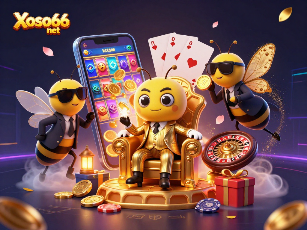 Experience thrilling wins at Xoso66 net with a lively casino scene including a bumblebee mob boss and game elements.