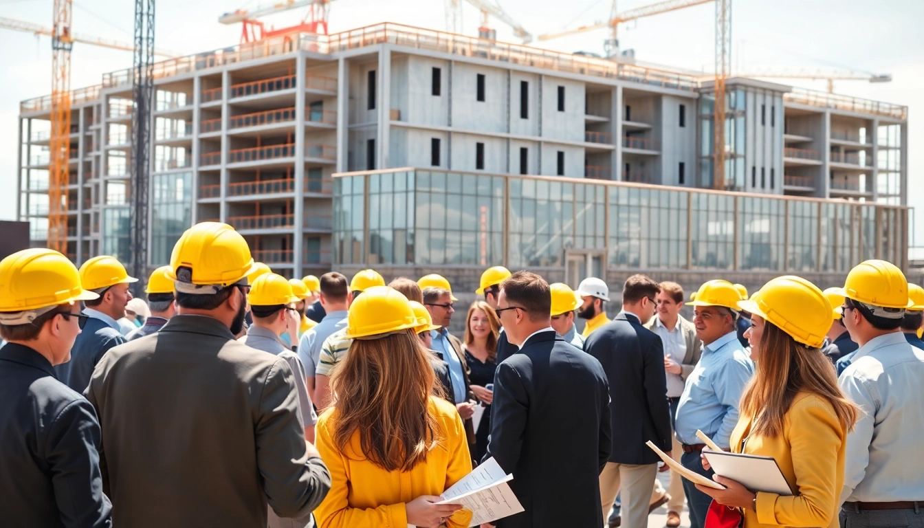 Engage in construction networking events with professionals exchanging ideas in a vibrant outdoor setting.