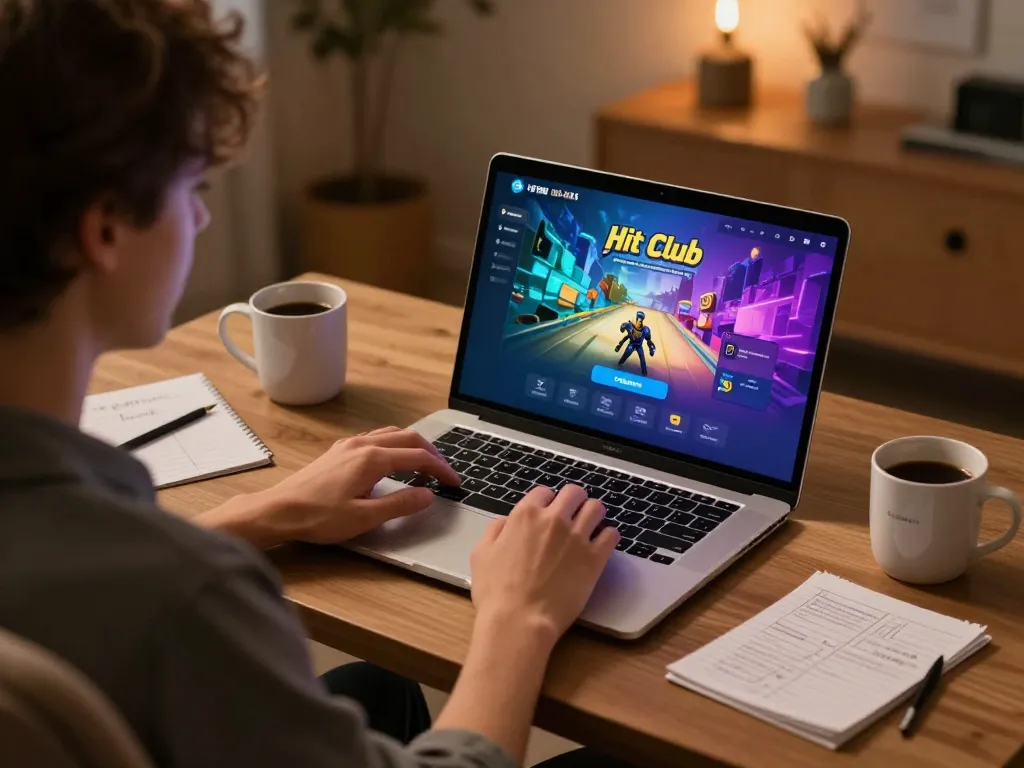 Engaging in tải hitclub with focus on a sleek laptop screen, displaying vibrant gaming graphics, cozy home setup.