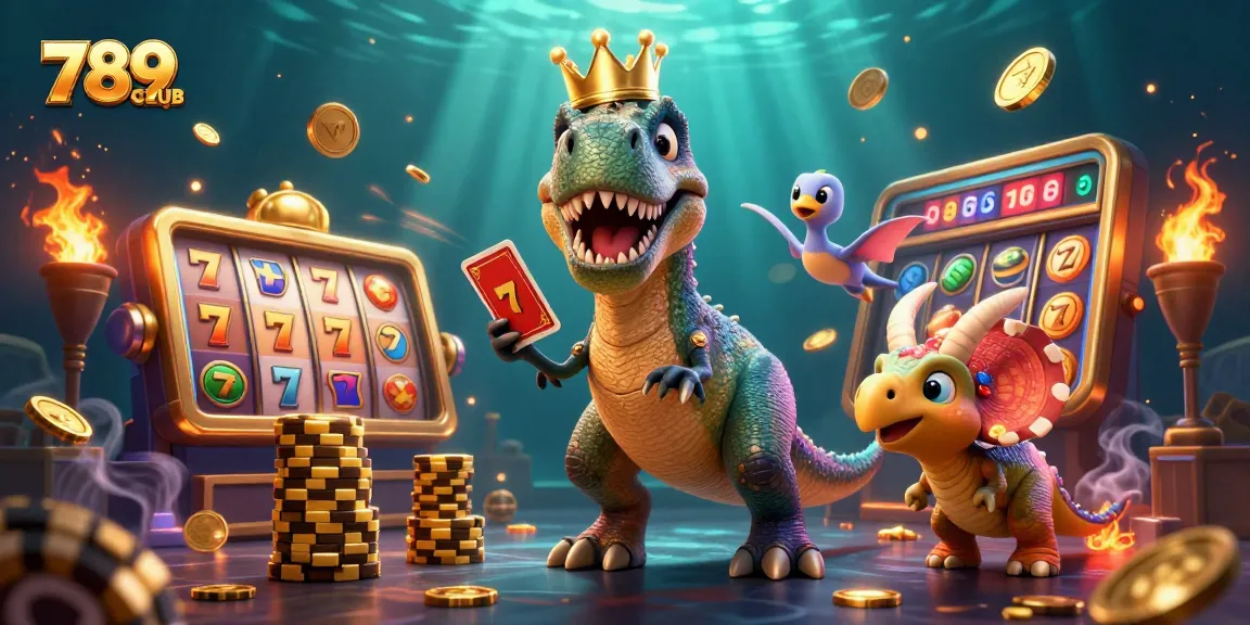 Experience thrilling action at 789CLUB with a friendly T-Rex and vibrant casino elements.