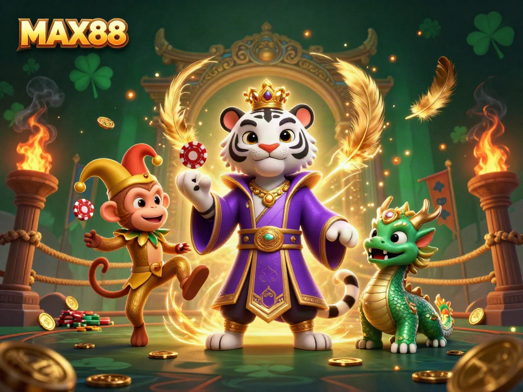 Engaging scene showcasing MAX88 with a regal white tiger and playful characters in a vibrant casino setting.