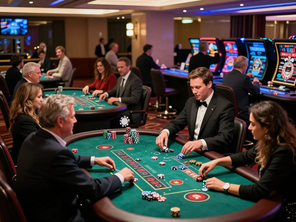 A vibrant casino scene with players at blackjack tables and spinning roulette, emphasizing the excitement of winning strategies related to nohu gaming.