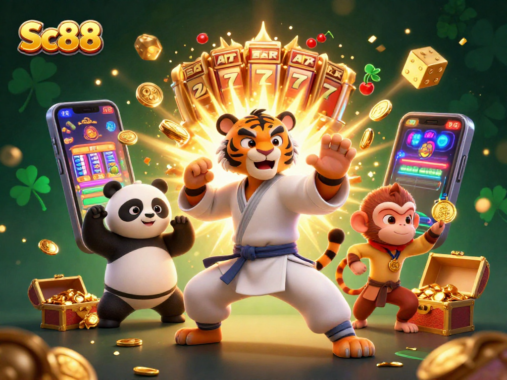 Experience the Sc88 thrill as the kung fu tiger and disciples engage in dynamic casino action amid winning symbols and golden treasures.