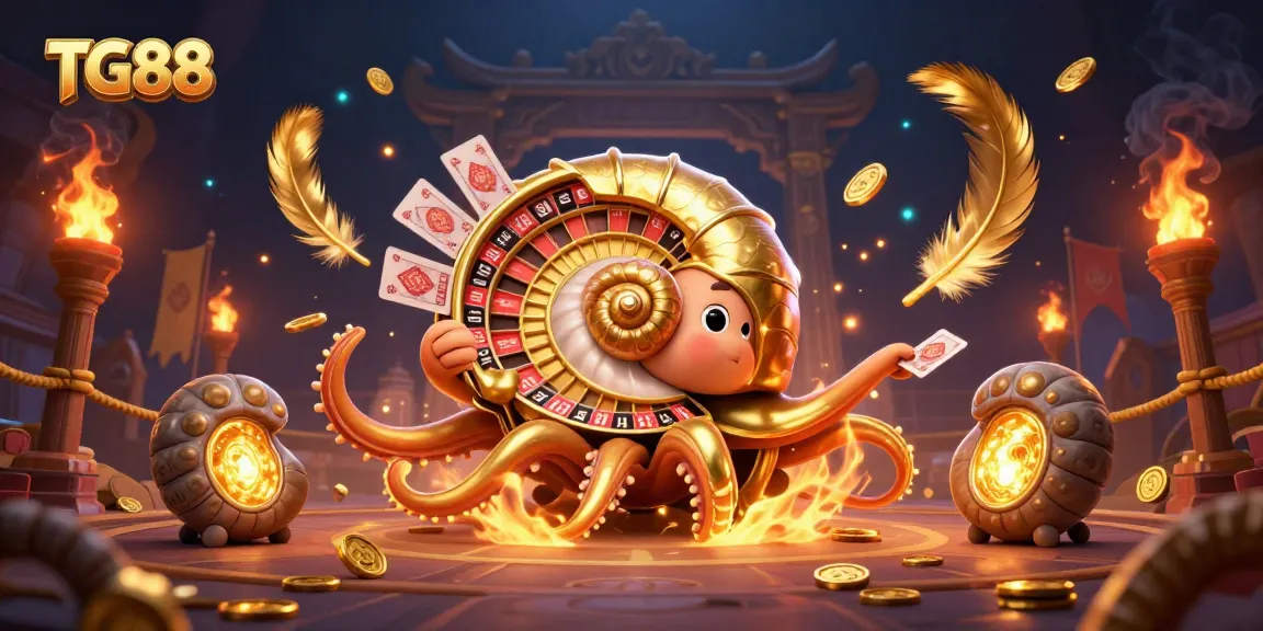 Spin the roulette wheel with TG88's ancient giant nautilus while enjoying a vibrant casino scene filled with glowing treasures.