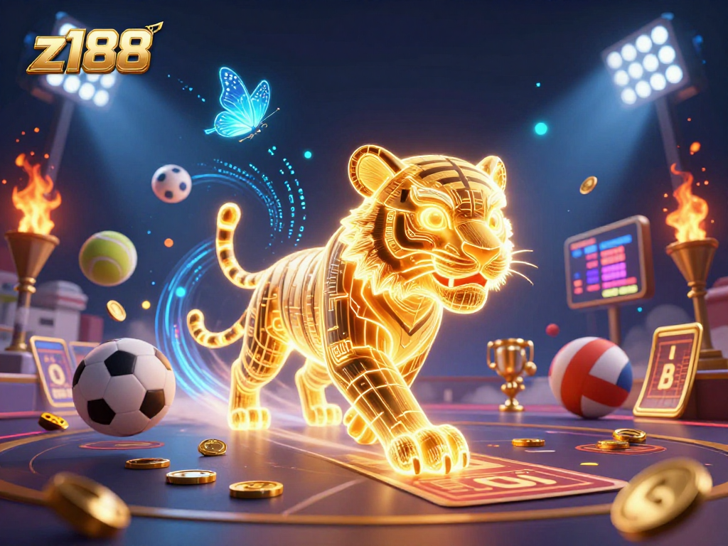 Engage in thrilling moments at z188 with a dynamic digital casino scene featuring exciting sports elements and rich visuals.