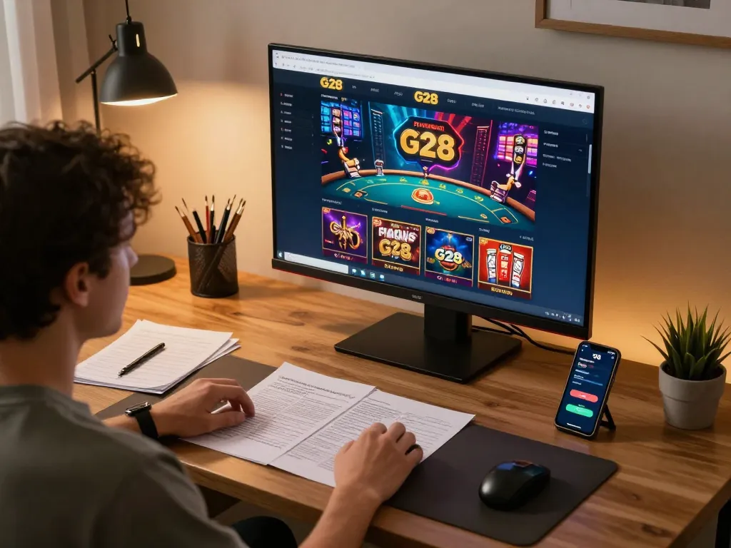 Engaged user experiencing G28's online gaming platform with vibrant graphics on the screen