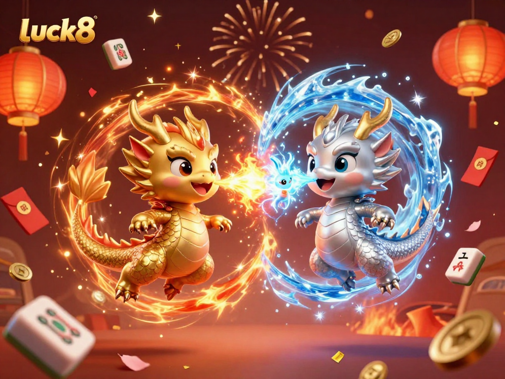 Experience thrilling luck8 gameplay with gold and silver dragons and vibrant casino elements.