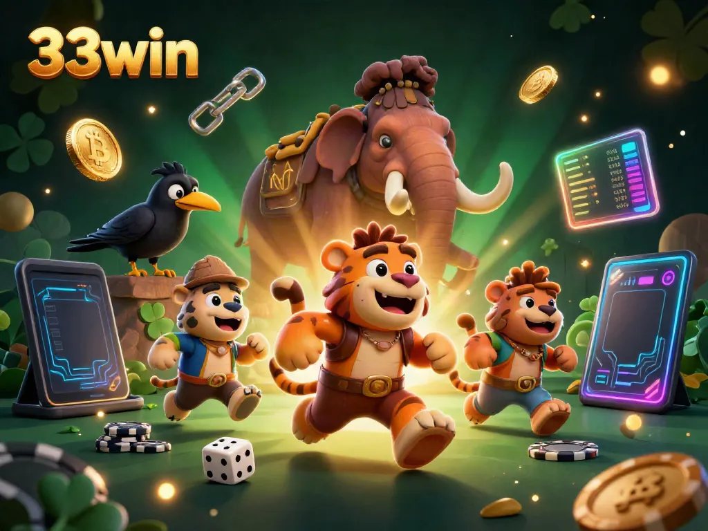 Engage with 33win's thrilling casino adventure featuring caveman and tiger hosts.