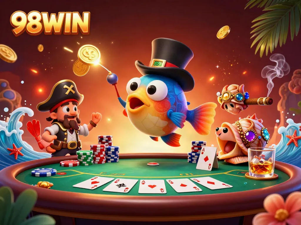 Engage in thrilling gameplay with 98WIN’s vibrant underwater casino adventure featuring an anglerfish and pirate shrimp.