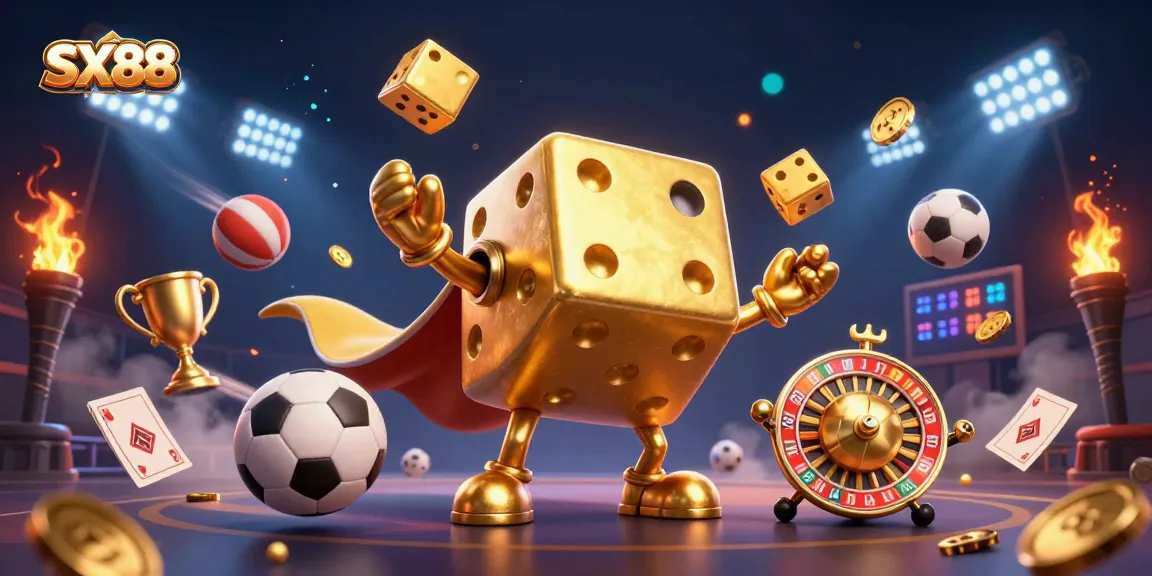 SX88's golden dice golem juggles dice in a vibrant animated casino scene filled with sports elements.