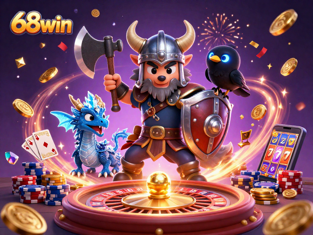 Engage with 68win's thrilling 3D casino adventure featuring a Viking warrior and dragon amidst dynamic game elements.