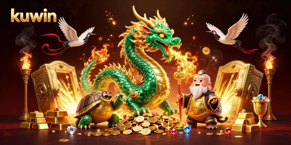 kuwin showcases a vibrant online gambling scene featuring a jade dragon, turtle sage, and lucky cranes.