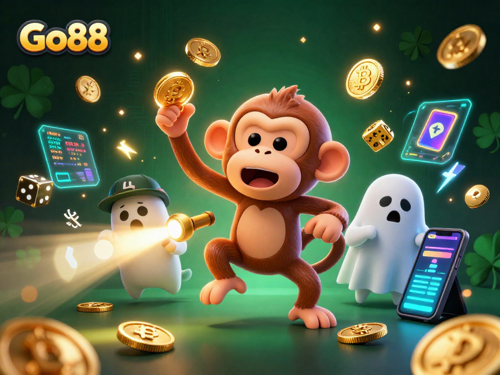 Engage with Go88 by exploring the thrills of a haunted casino with a playful monkey and ghost-hunting puppy.