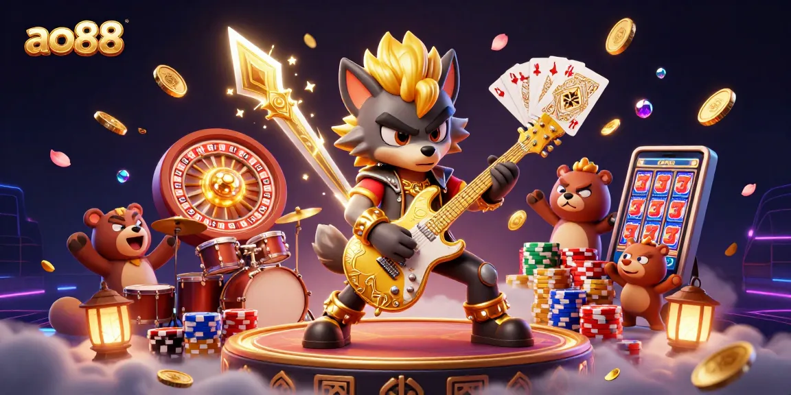 Experience the thrilling action at ao88 with a lively 3D casino illustration featuring vibrant characters and dynamic game elements.