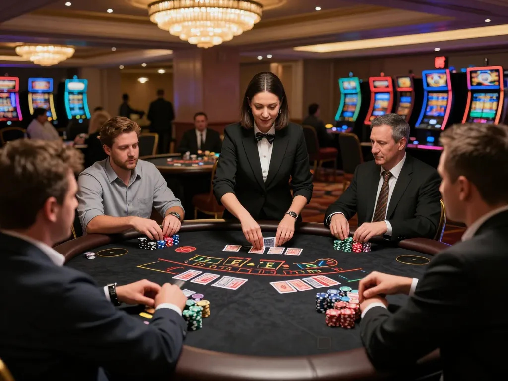 Players strategizing their bets at a lively 777x blackjack table in an elegant casino setting.