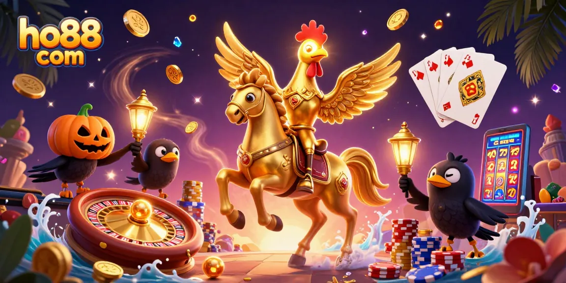 Experience the thrill of ho88 com as a golden rooster leads the way in a dazzling casino scene filled with excitement.
