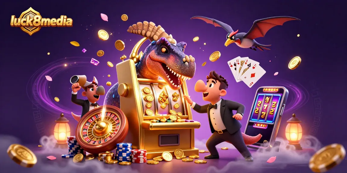 Experience luck8media's thrilling jackpot scene with cartoon dinosaurs and dynamic casino elements.