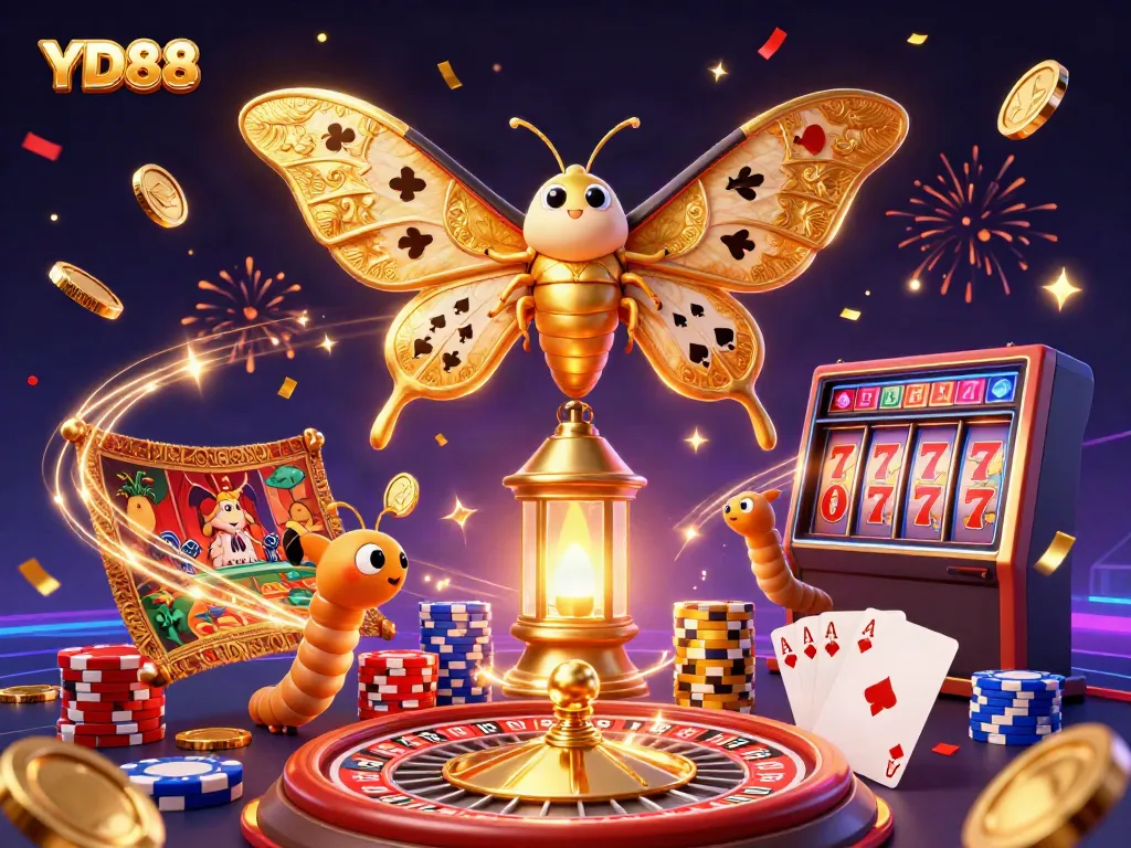 Experience exciting gaming action with YD88 featuring a vibrant casino scene with moths and golden elements.