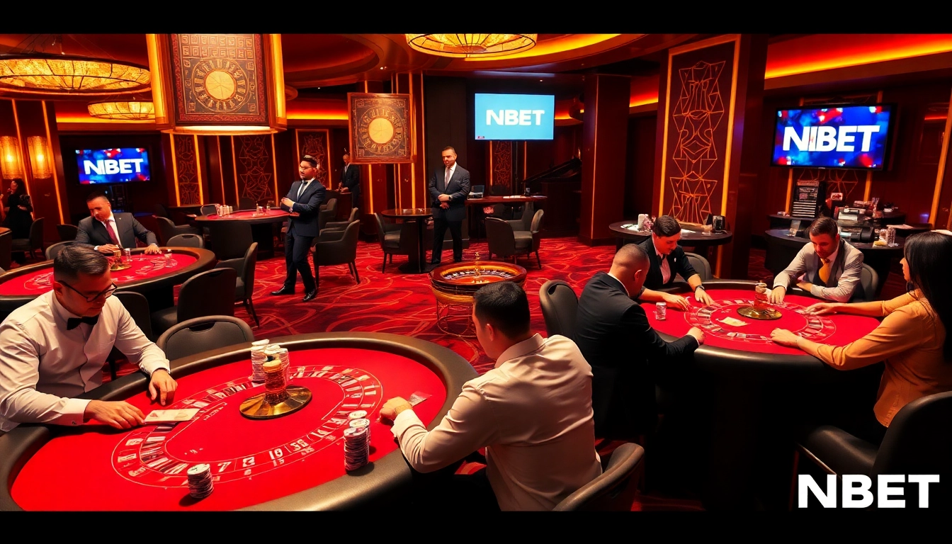 Intense poker game showcasing NBET casino atmosphere with players and dealers in action.