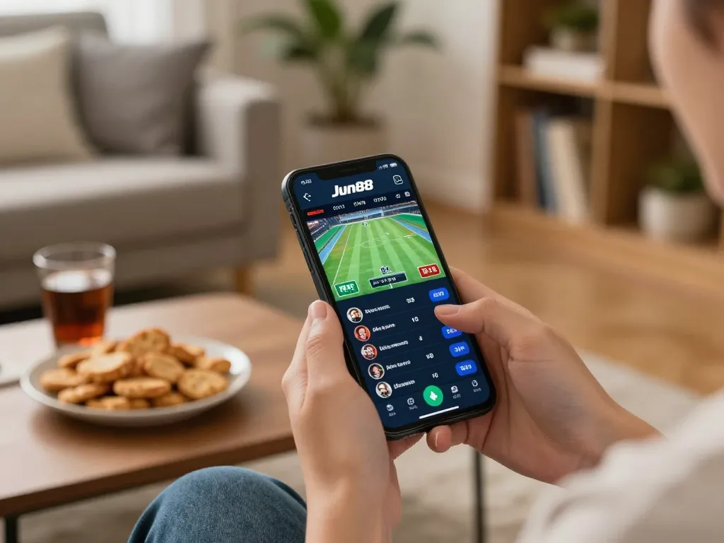 Engaged player using Jun88 mobile app for live sports betting in a cozy home setting