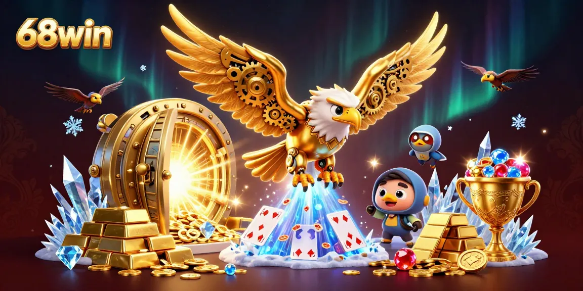 Engage with breathtaking 68win casino visuals of a cybernetic eagle amid cascading playing cards.