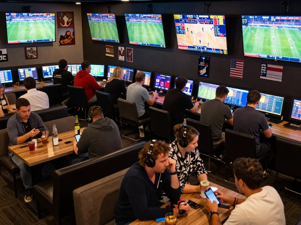 Betters engaging in high-stakes action at five88 sports betting lounge, surrounded by vibrant screens and excitement.