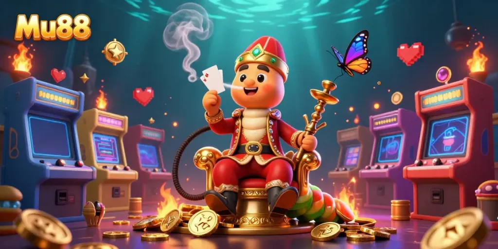 Mu88's vibrant casino scene illustrates a whimsical caterpillar hookah-master amidst colorful arcade games.