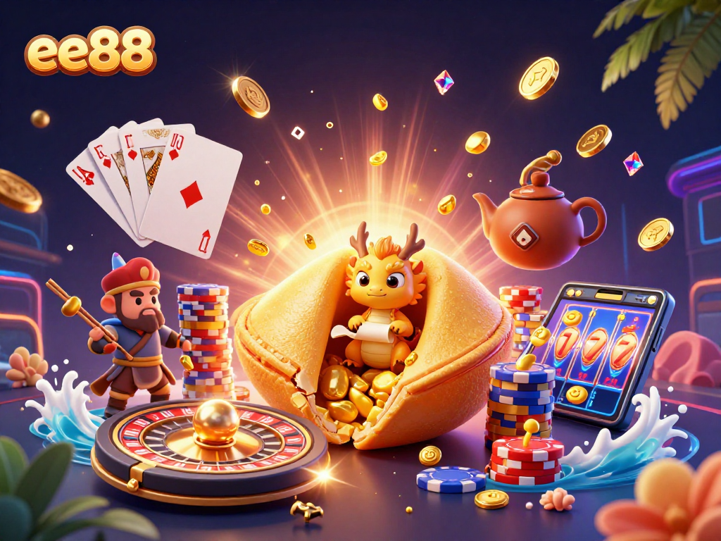 Experience the excitement of ee88 as colorful coins and treasures surround the fortune cookie and wise dragon in a vibrant casino-themed scene.