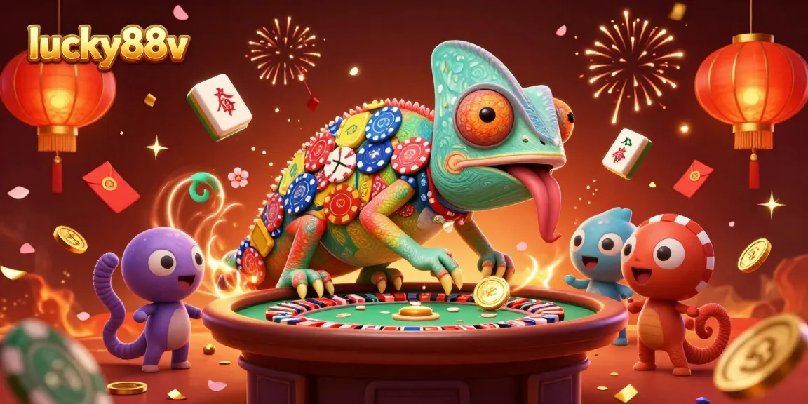 Engage with lucky88v's vibrant casino experience featuring a chameleon owner and dynamic gaming elements.