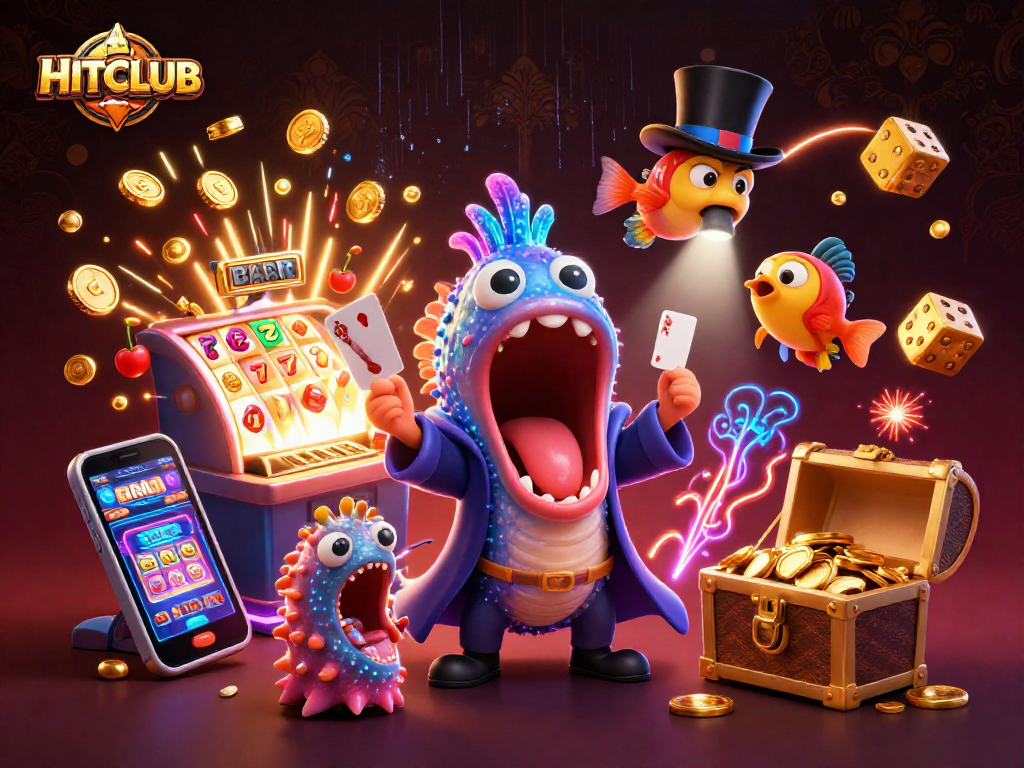 Experience HITCLUB's thrilling jackpots with dynamic 3D elements showcasing vibrant casino action.