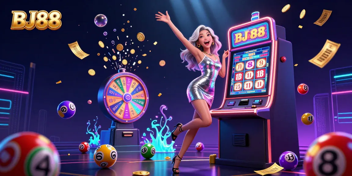 BJ88 celebration at a casino with a winning slot scene, coins flying and lottery balls bouncing.