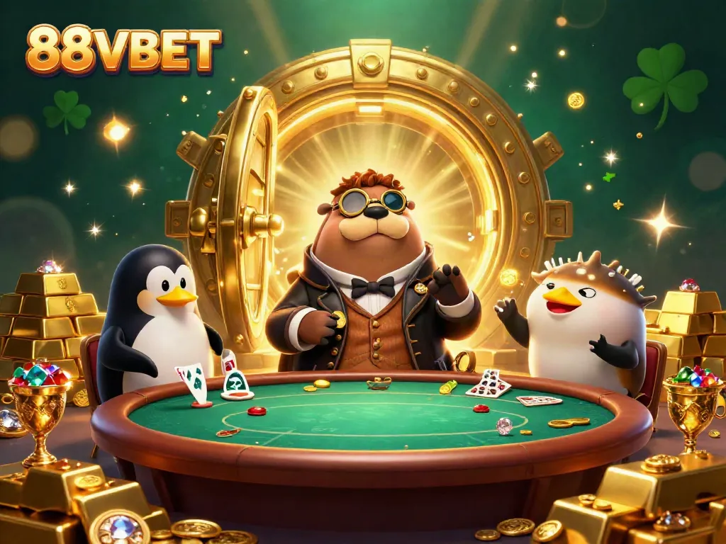 Experience the thrill of 88VBET through a vibrant underwater poker scene with a jolly walrus, sophisticated penguin dealer, and a bluffing pufferfish.