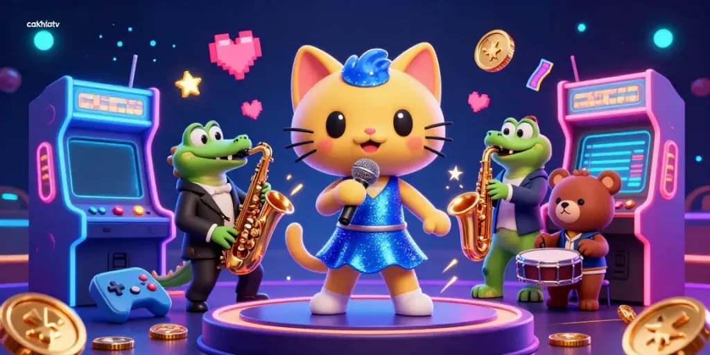 CakhiaTV scene features a 3D jazz-singer cat and friends, celebrating vibrant casino moments.